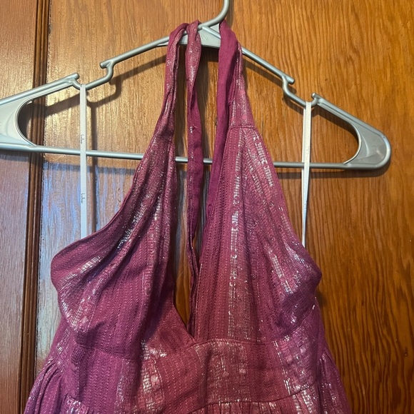 Pre-owned Lulus Womens Charlize Magenta Silver Striped Halter Midi Dress Medium - Picture 3 of 6